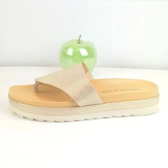 Donald Pliner Lylaa tan &amp; taupe embossed metallic gold leather platform slides