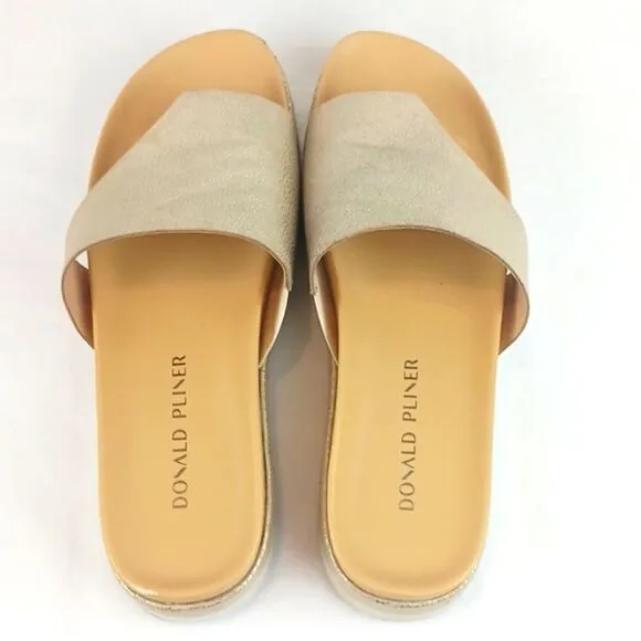 Donald Pliner Lylaa tan &amp; taupe embossed metallic gold leather platform slides