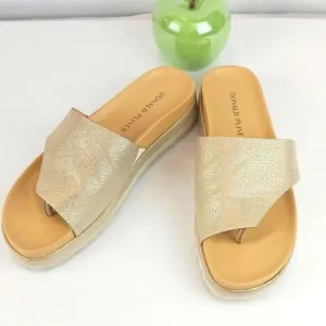 Donald Pliner Lylaa tan &amp; taupe embossed metallic gold leather platform slides