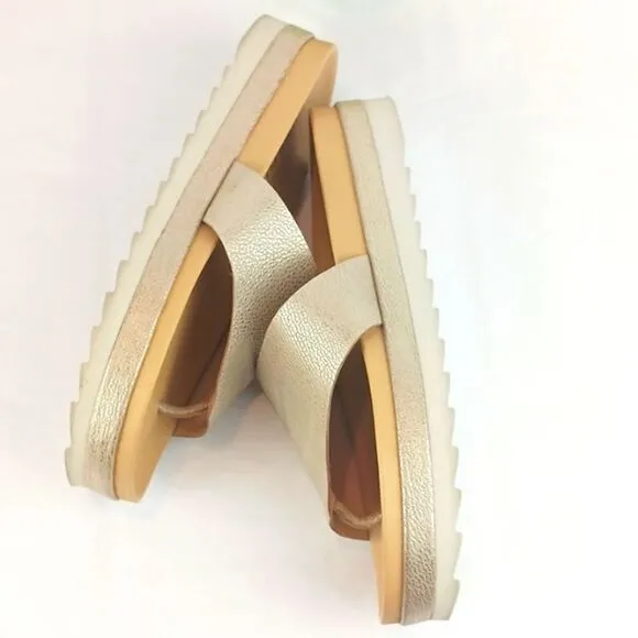 Donald Pliner Lylaa tan &amp; taupe embossed metallic gold leather platform slides