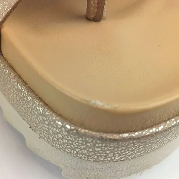 Donald Pliner Lylaa tan &amp; taupe embossed metallic gold leather platform slides