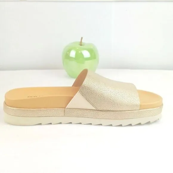 Donald Pliner Lylaa tan &amp; taupe embossed metallic gold leather platform slides