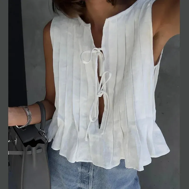 Elegant Cotton Linen Sleeveless Ruffle Hem Top & Slim Mini Skirt Set