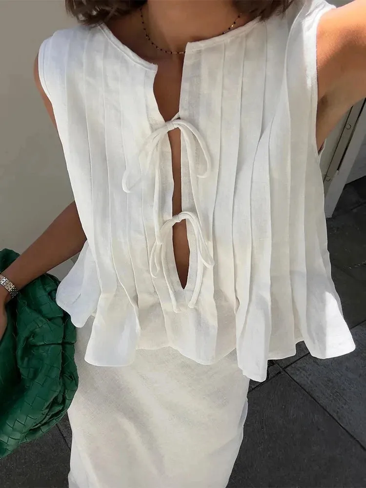Elegant Cotton Linen Sleeveless Ruffle Hem Top & Slim Mini Skirt Set