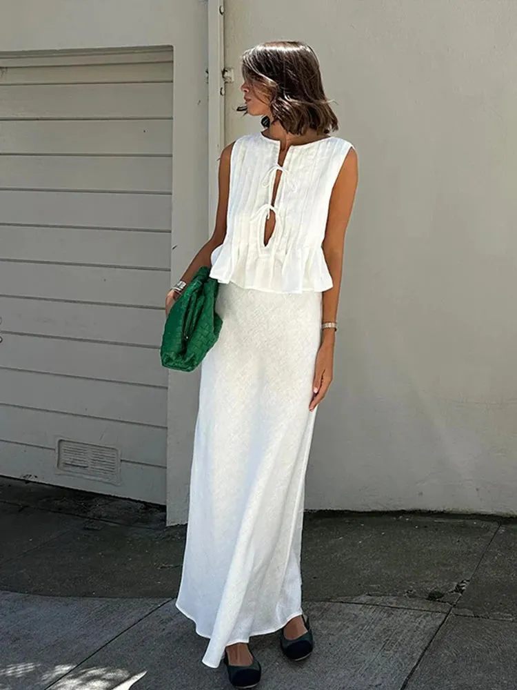 Elegant Cotton Linen Sleeveless Ruffle Hem Top & Slim Mini Skirt Set