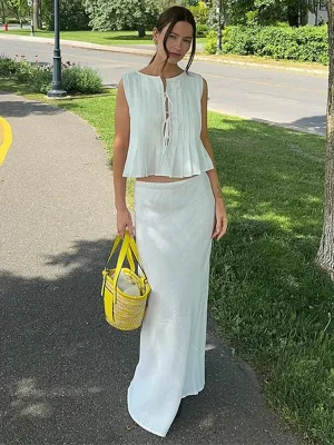 Elegant Cotton Linen Sleeveless Ruffle Hem Top & Slim Mini Skirt Set