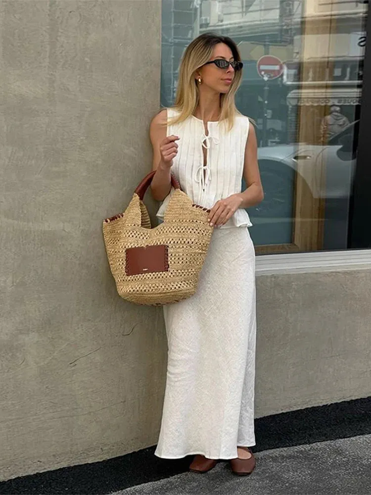 Elegant Cotton Linen Sleeveless Ruffle Hem Top & Slim Mini Skirt Set