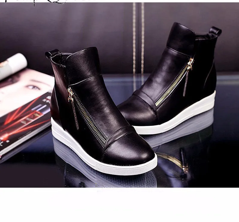 Fashion Wedges Ankle Boot Causal Shoes For Woman Fall Women Shoes Leather Black Silver Red Botas Mujer Large Size 42