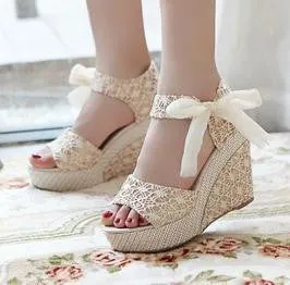 Fashion Women Sandals Summer Wedges Women's Sandals Platform Lace Belt Bow Flip Flops open toe high-heeled Women shoes Female