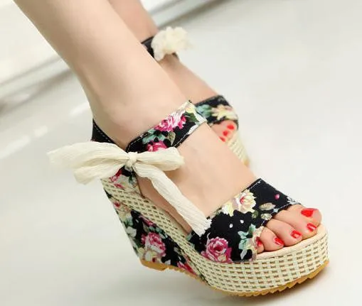 Fashion Women Sandals Summer Wedges Women's Sandals Platform Lace Belt Bow Flip Flops open toe high-heeled Women shoes Female