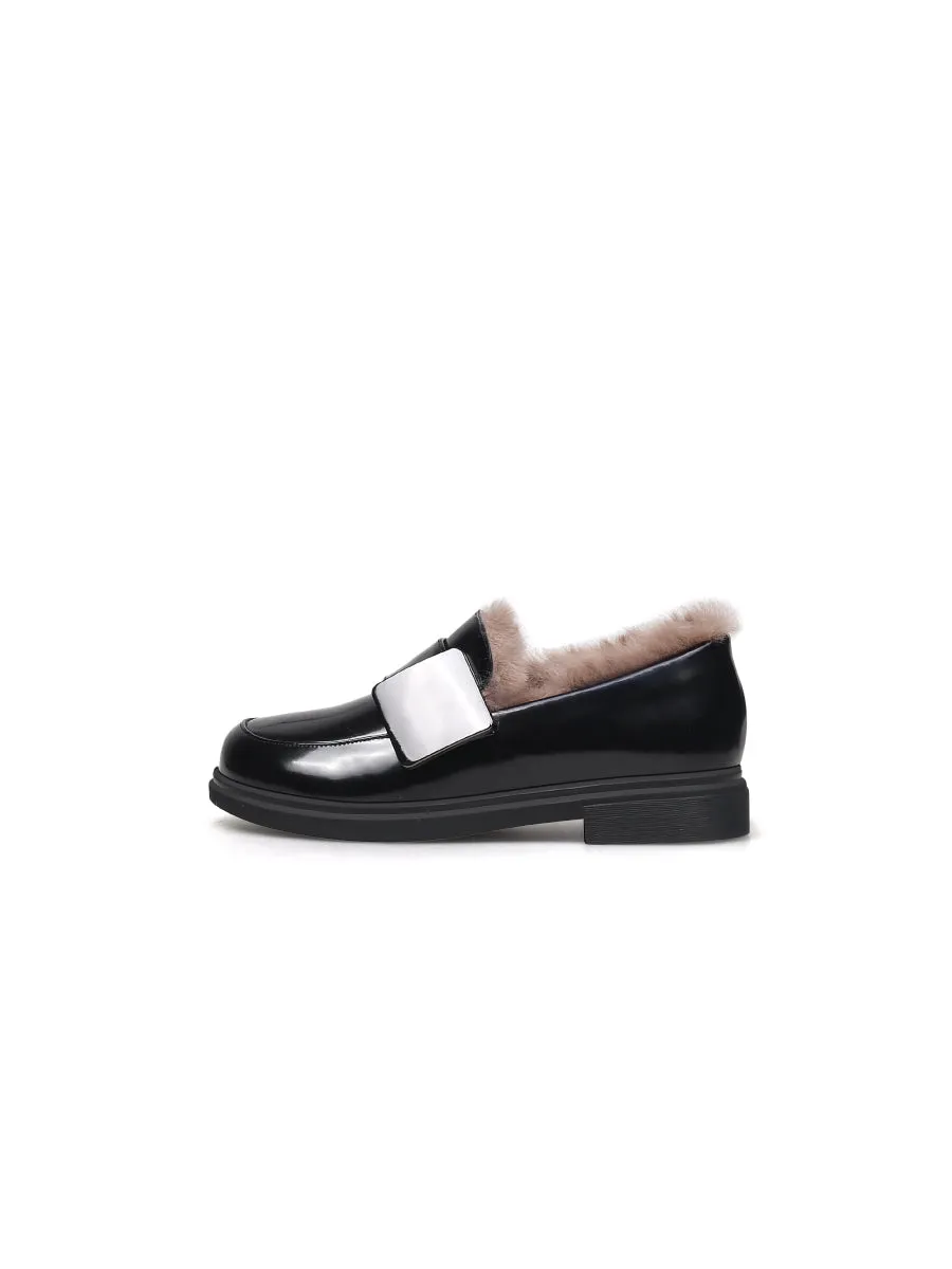 Faux Fur Lined Side Square Buckle Leather Loafer