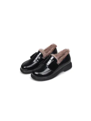 Faux Fur Lined Side Square Buckle Leather Loafer