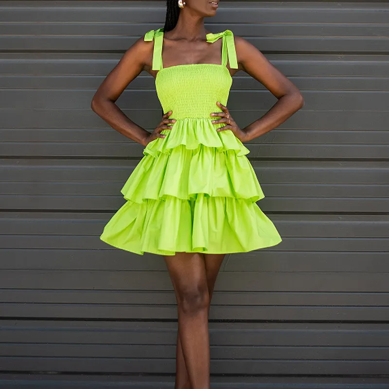 Faye  Smocked Bow-Strap Tiered Ruffle Mini Sundress