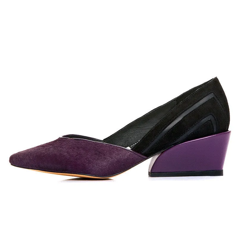 genuine leather women pumps Women Med Heels Slip On Shoes Woman Horsehair Heels Escarpins Zapatos Mujer Purple/Yellow 34-39