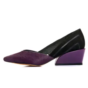 genuine leather women pumps Women Med Heels Slip On Shoes Woman Horsehair Heels Escarpins Zapatos Mujer Purple/Yellow 34-39