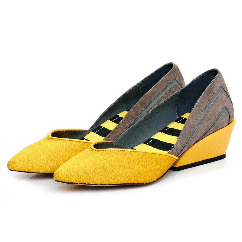 genuine leather women pumps Women Med Heels Slip On Shoes Woman Horsehair Heels Escarpins Zapatos Mujer Purple/Yellow 34-39