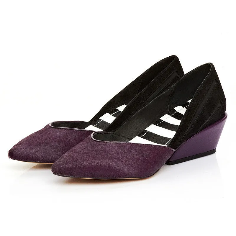 genuine leather women pumps Women Med Heels Slip On Shoes Woman Horsehair Heels Escarpins Zapatos Mujer Purple/Yellow 34-39