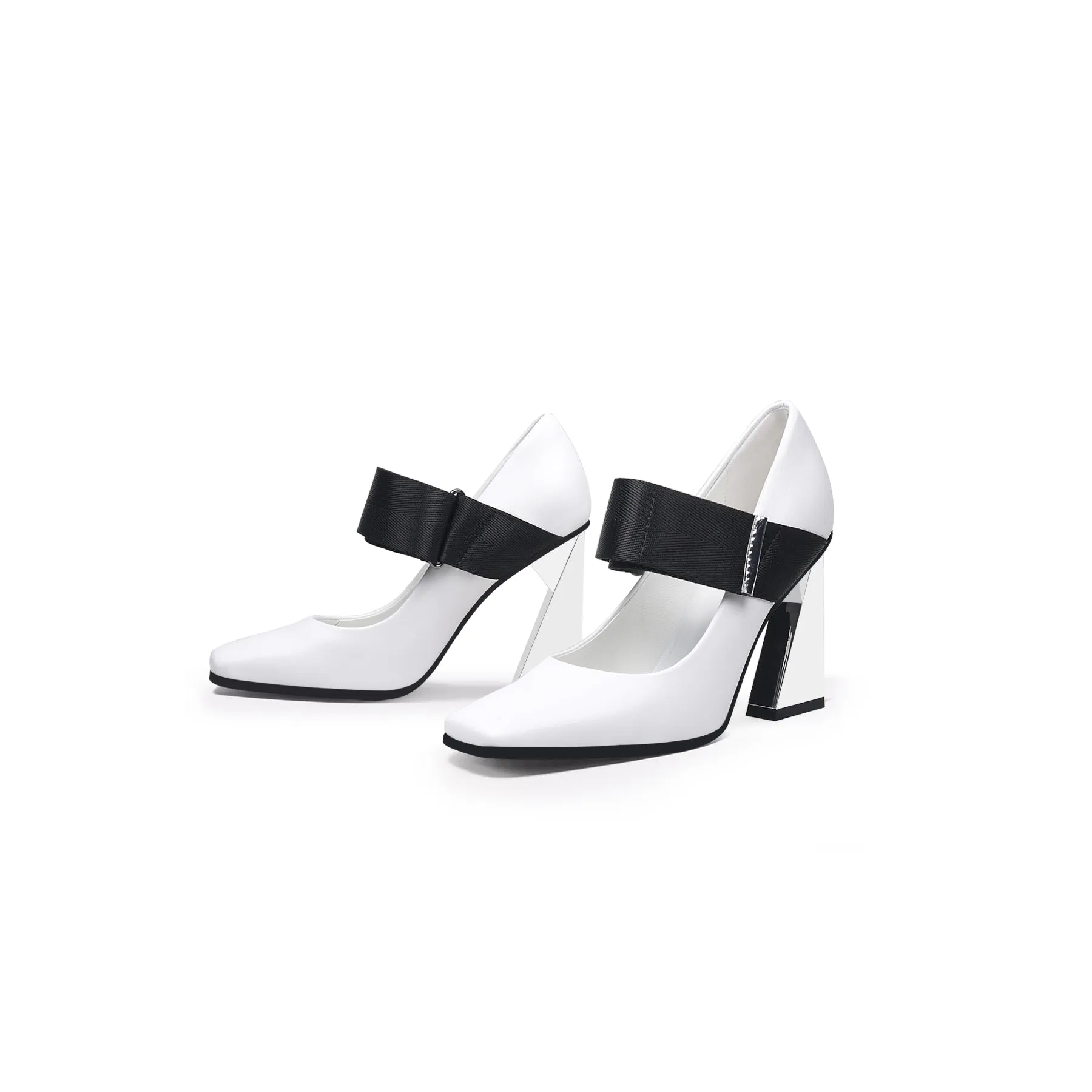 Geometric Heel Leather Mary Jane White