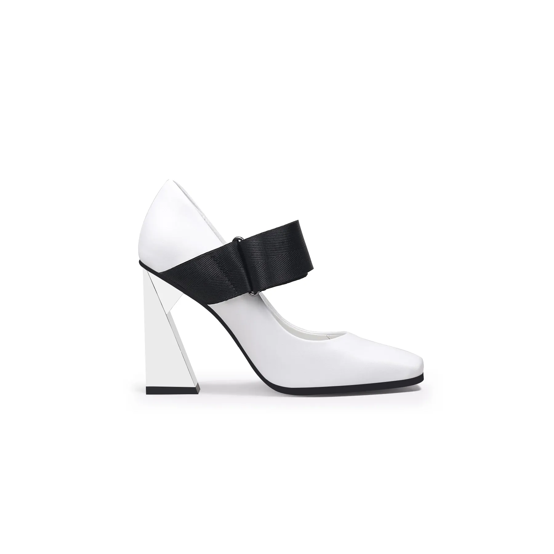 Geometric Heel Leather Mary Jane White