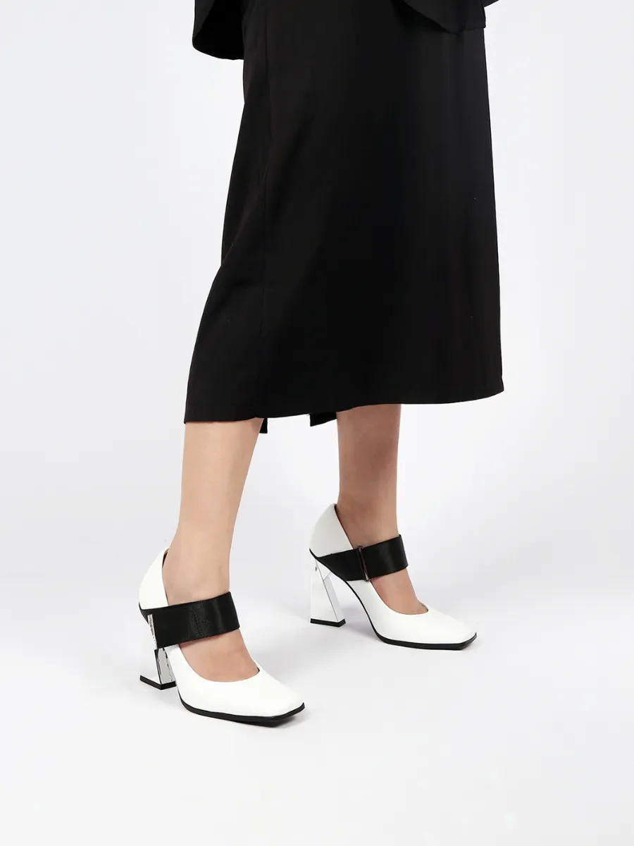 Geometric Heel Leather Mary Jane White