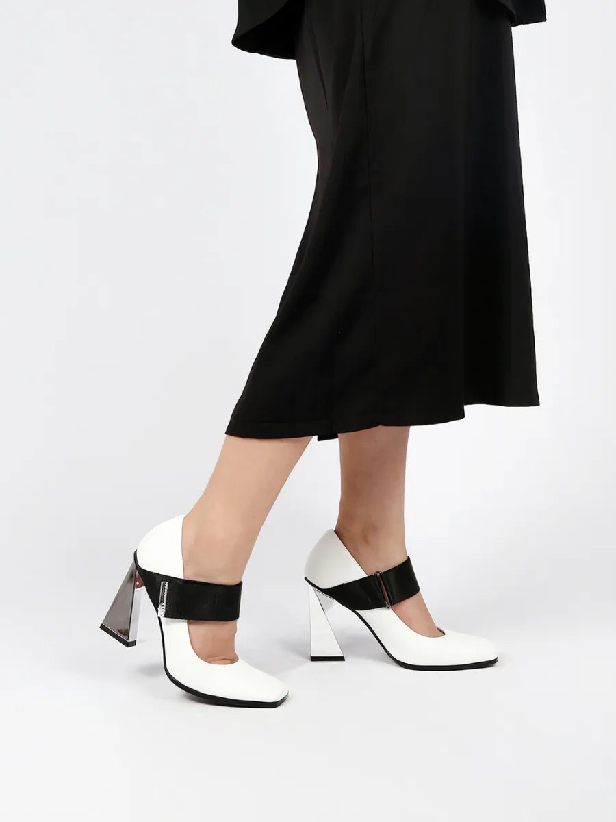Geometric Heel Leather Mary Jane White