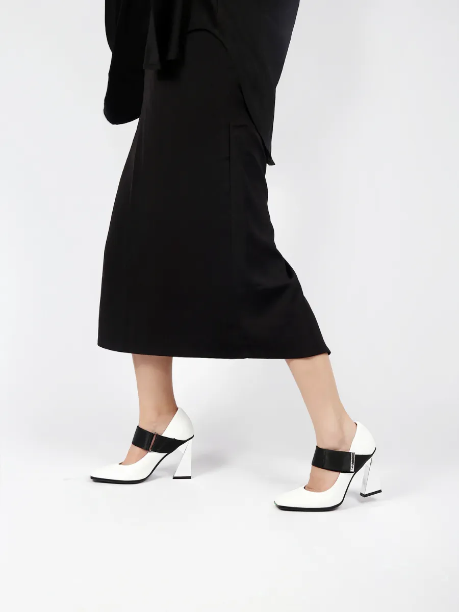 Geometric Heel Leather Mary Jane White
