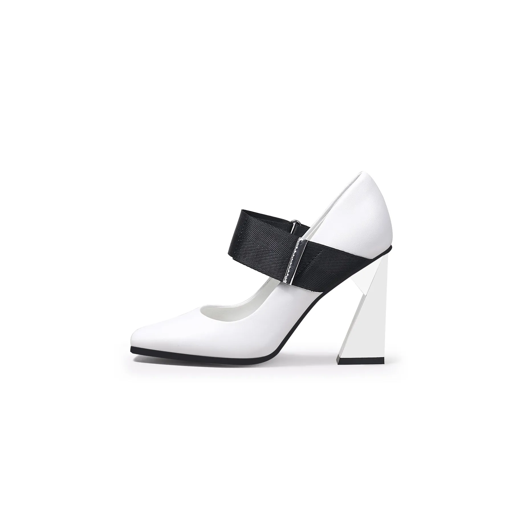 Geometric Heel Leather Mary Jane White