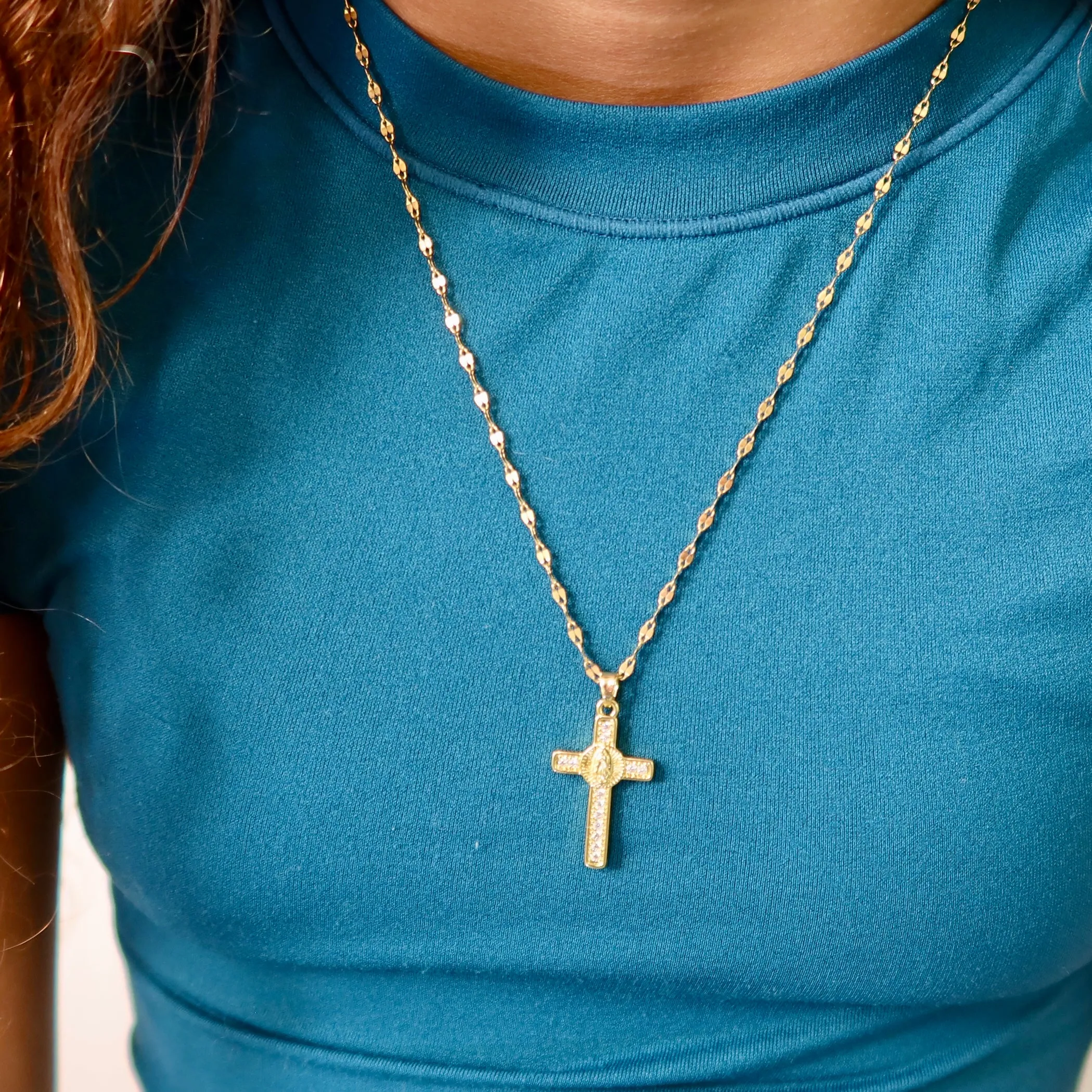 Gold Virgin Mary Accent Cross Necklace