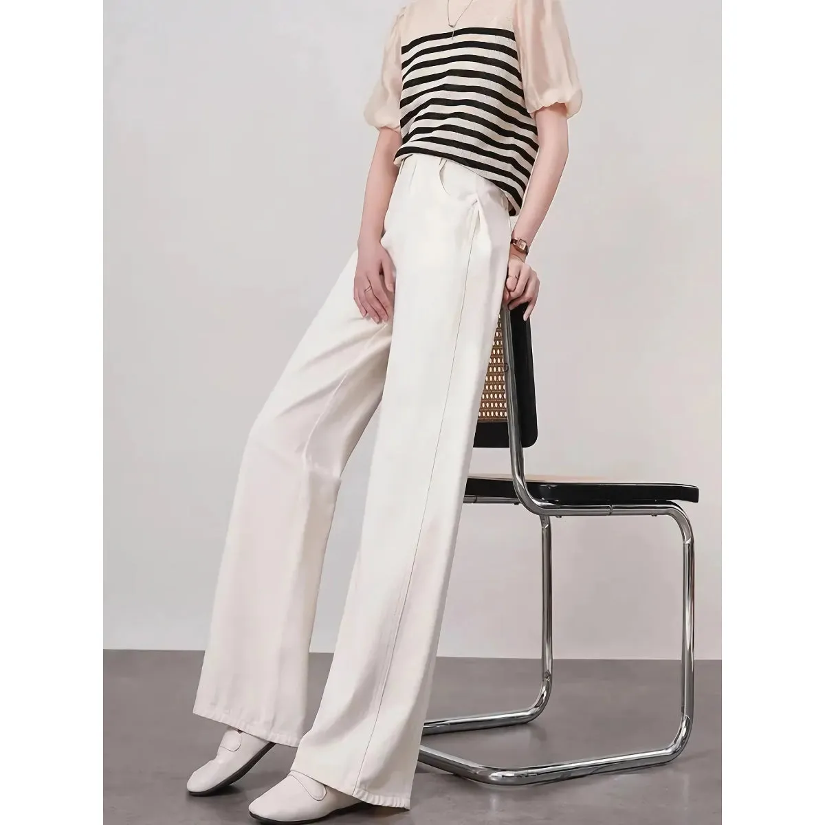 High Waist Loose Fit Wide Leg White Denim Pants for Women