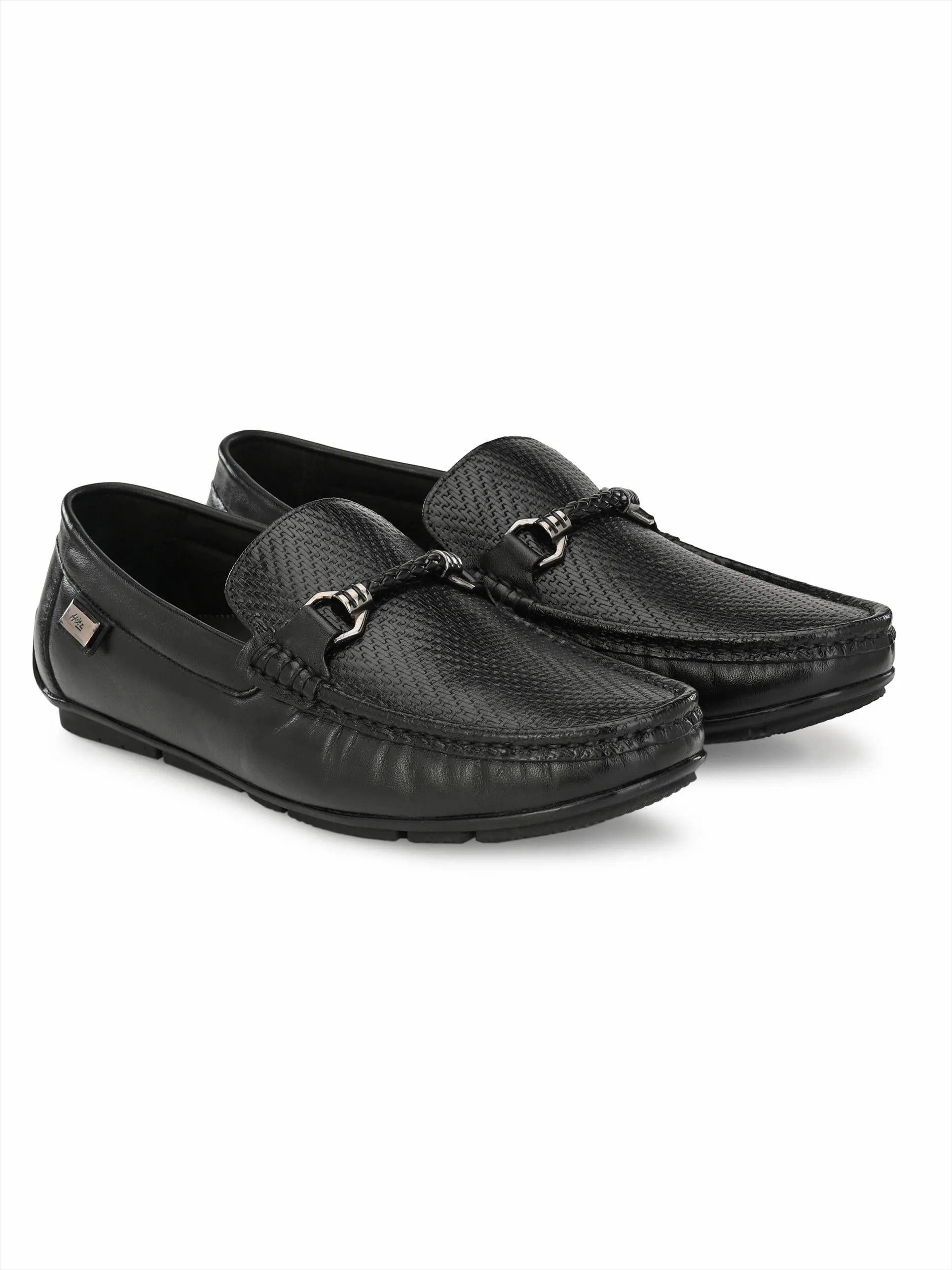 Hitz Men's Black Leather Slip-On Casual Loafer Shoes