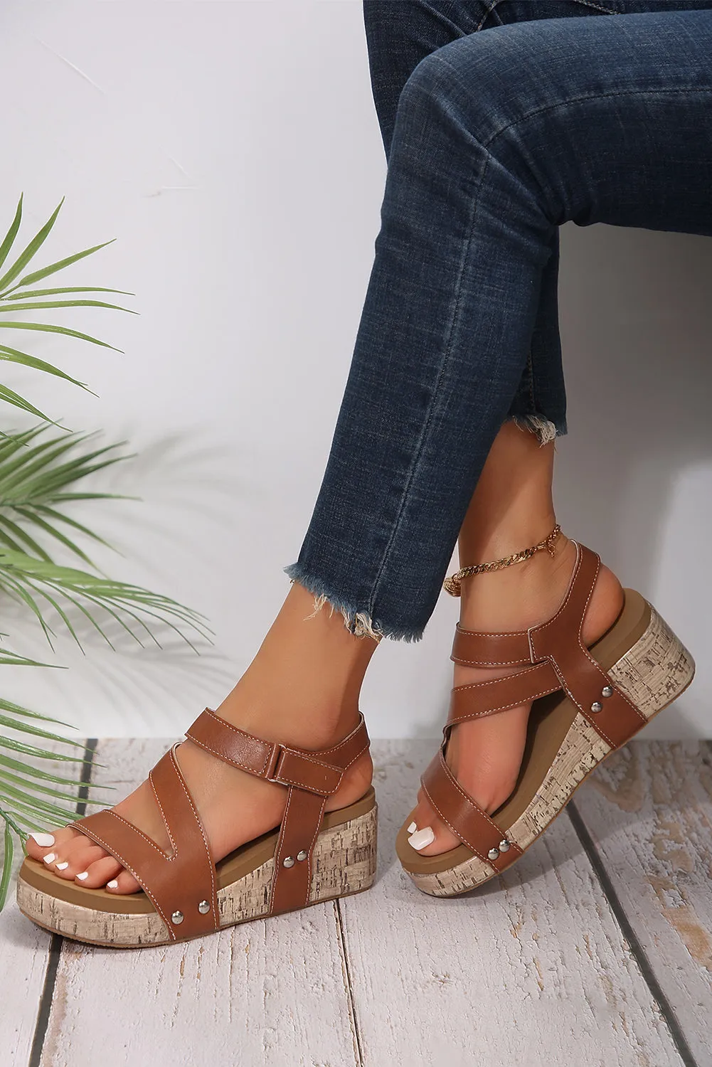 Hollow Out Velcro Leather Wedge Sandal