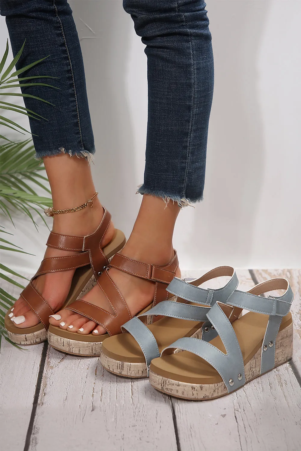 Hollow Out Velcro Leather Wedge Sandal