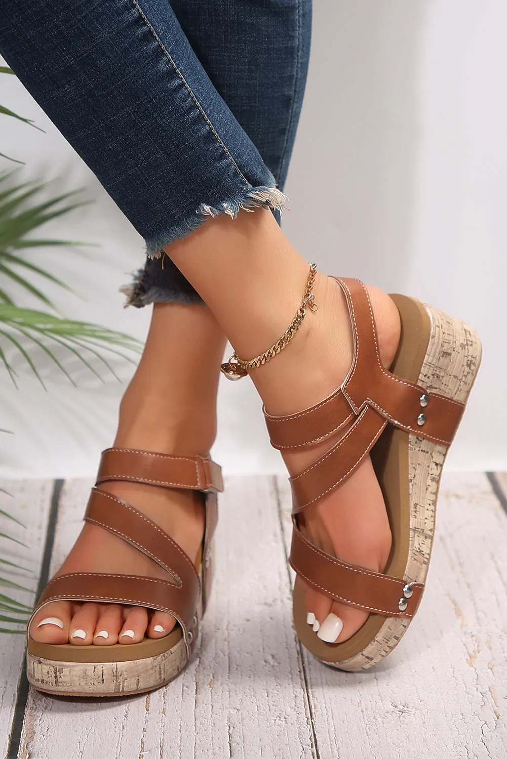 Hollow Out Velcro Leather Wedge Sandal