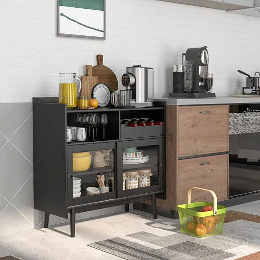 Kitchen Buffet Sideboard with Wine Rack and Sliding Door-Black - Color: Black