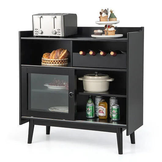 Kitchen Buffet Sideboard with Wine Rack and Sliding Door-Black - Color: Black