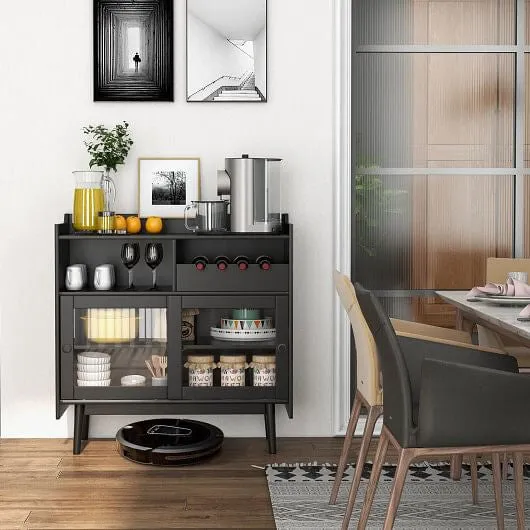 Kitchen Buffet Sideboard with Wine Rack and Sliding Door-Black - Color: Black