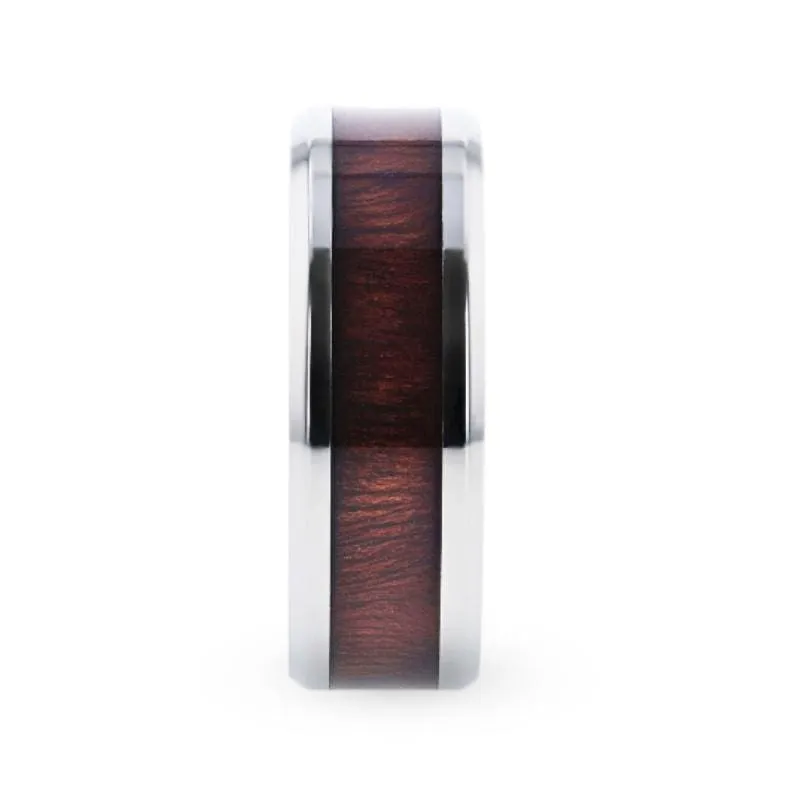 LARGO Red Wood Inlaid Flat Titanium Polished Finish Men's Wedding Ring - 8mm