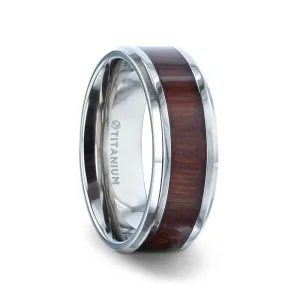LARGO Red Wood Inlaid Flat Titanium Polished Finish Men's Wedding Ring - 8mm