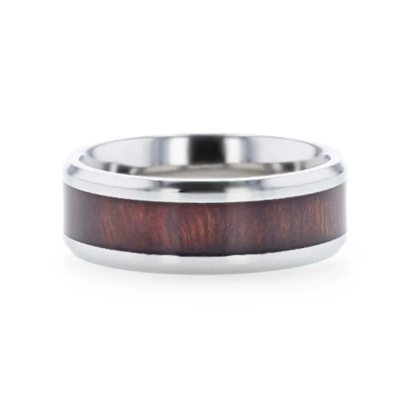LARGO Red Wood Inlaid Flat Titanium Polished Finish Men's Wedding Ring - 8mm