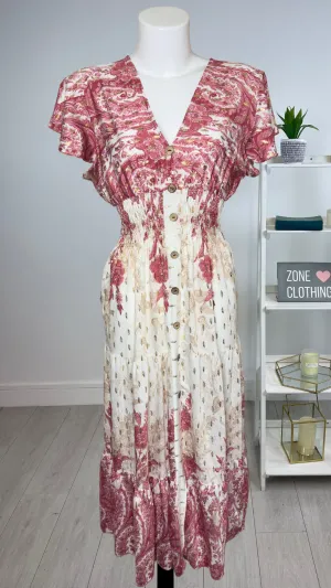 Macy - Linen Look Gold Fleck V-Neck Print Pink Maxi