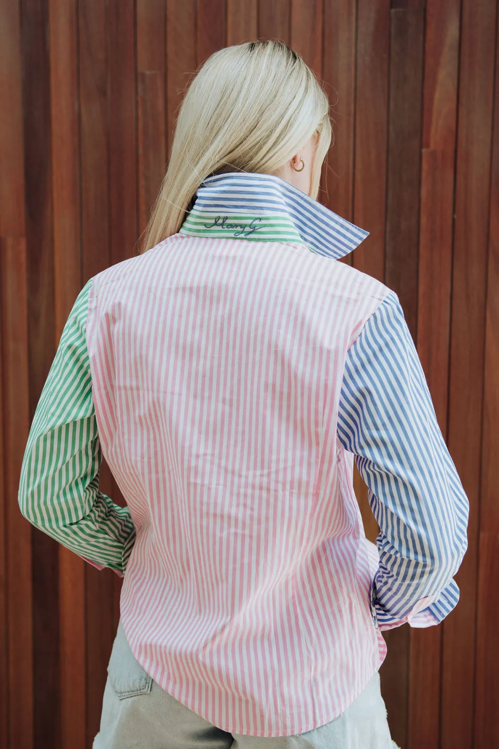 Mary G Womens Dress Shirt - Blush/Emerald/Steel Blue Stripe