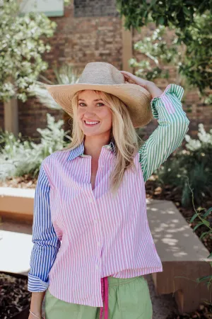 Mary G Womens Dress Shirt - Blush/Emerald/Steel Blue Stripe