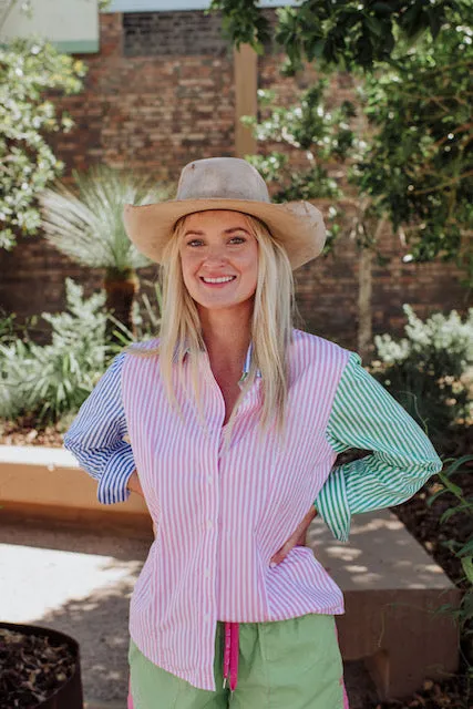 Mary G Womens Dress Shirt - Blush/Emerald/Steel Blue Stripe
