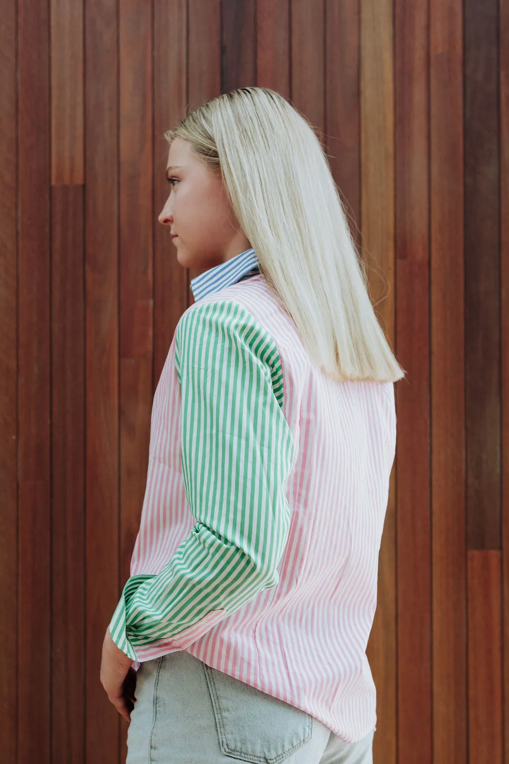 Mary G Womens Dress Shirt - Blush/Emerald/Steel Blue Stripe