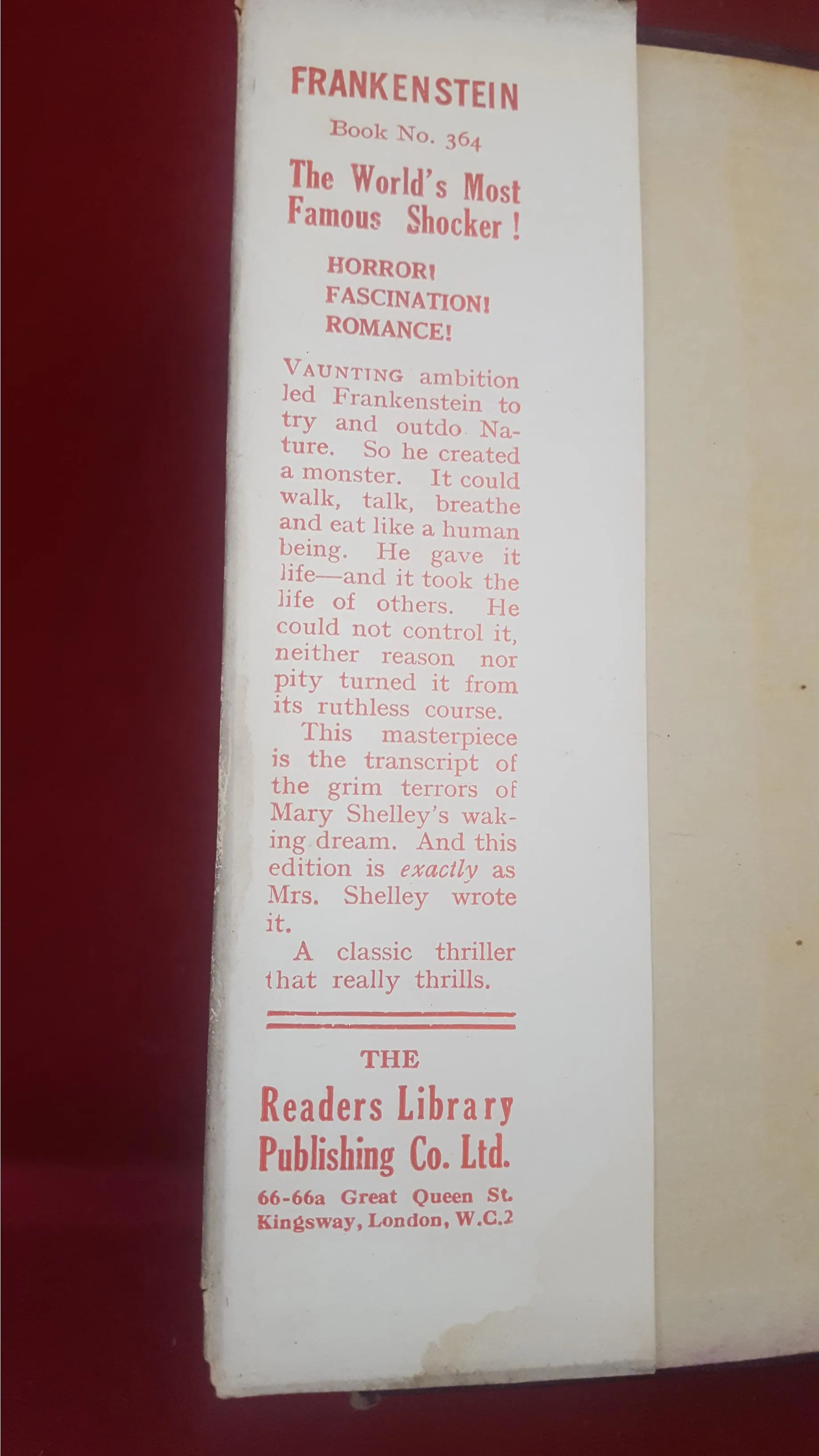 Mary W Shelley - Frankenstein, The Readers Library 364