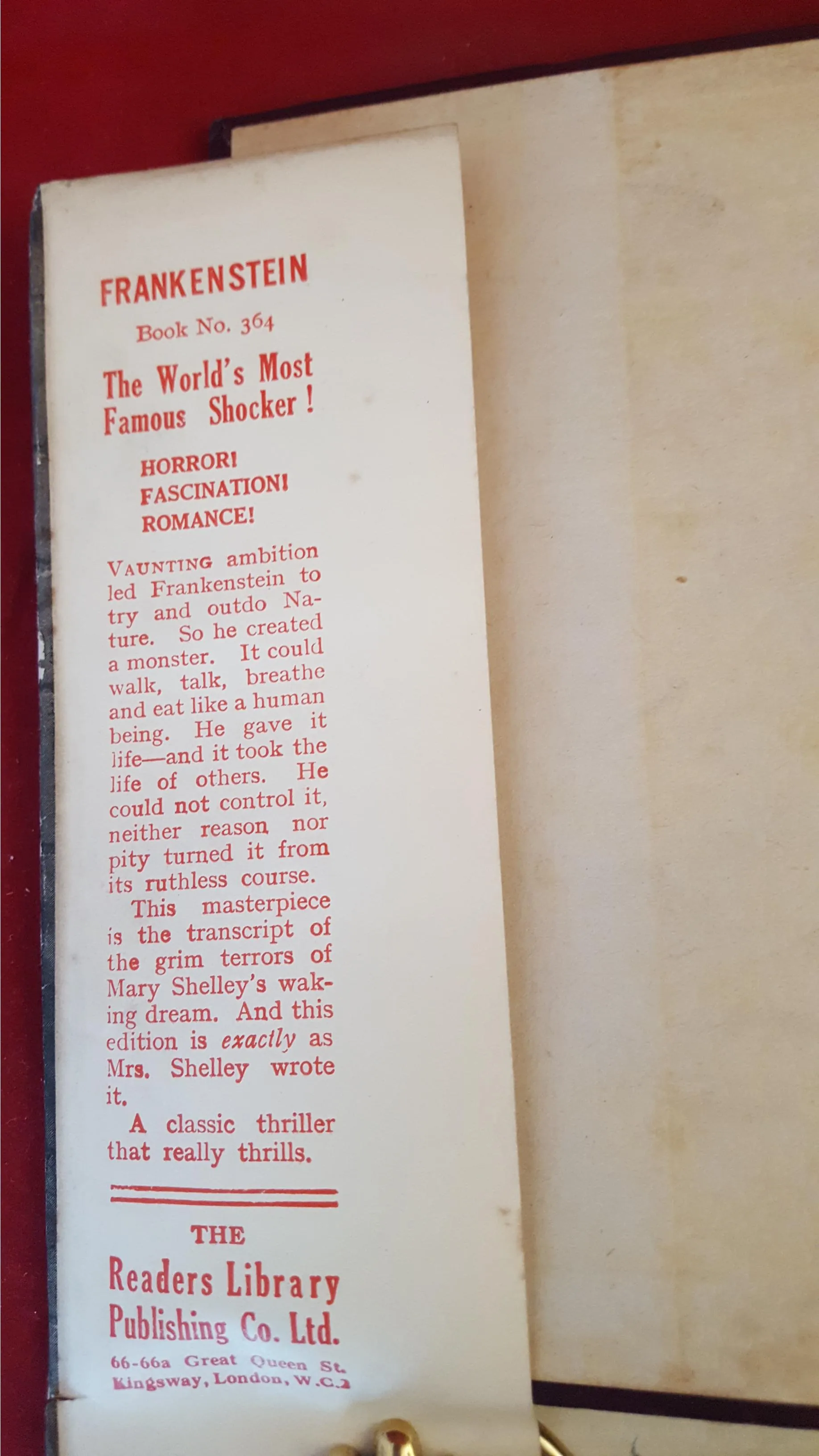 Mary W Shelley - Frankenstein, The Readers Library, Book Number 364, 1931?