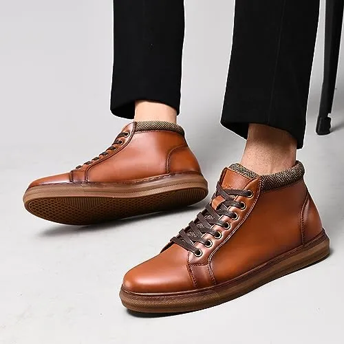 Men's Fashion Sneaker Boots Yellow Brown Leather Mid Top Casual Oxford Ankle Boot Daily Walking Shoes for Men