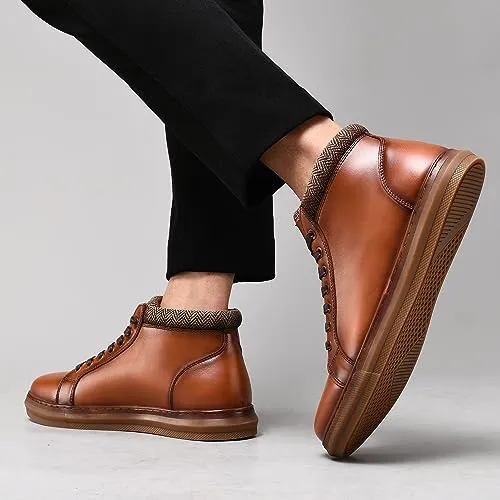 Men's Fashion Sneaker Boots Yellow Brown Leather Mid Top Casual Oxford Ankle Boot Daily Walking Shoes for Men