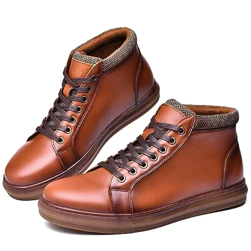 Men's Fashion Sneaker Boots Yellow Brown Leather Mid Top Casual Oxford Ankle Boot Daily Walking Shoes for Men