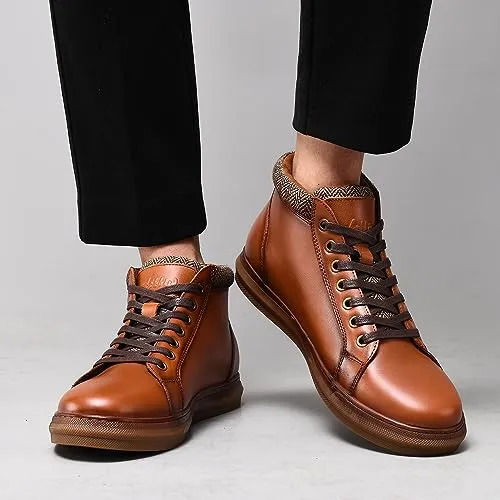 Men's Fashion Sneaker Boots Yellow Brown Leather Mid Top Casual Oxford Ankle Boot Daily Walking Shoes for Men